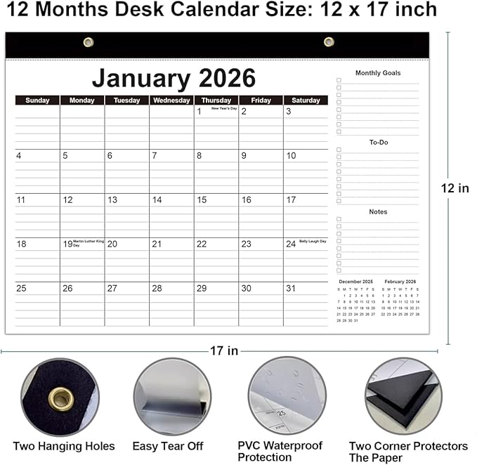 Desk Calendar 2026-12 Months Calendar from January 2026 to December 2026, 2026 Desk Calendar with Thick Paper, 12" x 17", Black