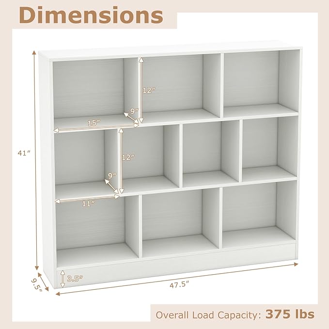 Tangkula 10-Cube Bookshelf, 47.5”L Floor Bookcase with 2 Anti-Tipping Kits, Freestanding Storage Organizer, 4-Tier Display Shelf for Home, Office & Dorms, Natural/White (White, 10-Cube)
