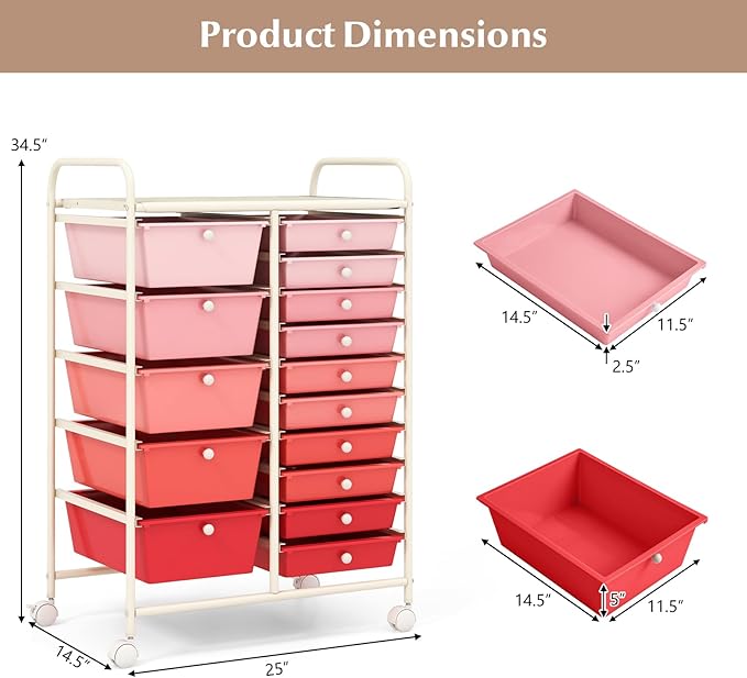 COSTWAY 15 Drawers Storage Cart, Multipurpose Rolling Utility Cart on Wheels w/Lockable Wheels & Removable Drawers, Mobile Tools Scrapbook Paper Organizer Cart for Office School Home, Mixed Pink