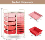 COSTWAY 15 Drawers Storage Cart, Multipurpose Rolling Utility Cart on Wheels w/Lockable Wheels & Removable Drawers, Mobile Tools Scrapbook Paper Organizer Cart for Office School Home, Mixed Pink