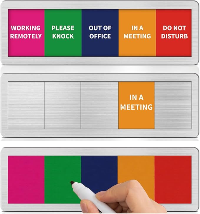 Office Door Signs with 5 Printed Status Options – Do Not Disturb, Out of Office, In a Meeting, Please Knock, Work from Home – Includes Custom Personalized Blank Sticker for Privacy Workspace or Studio Available and Away
