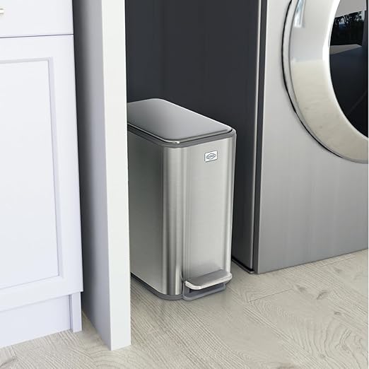 Clorox Slim Trash Can - 2.6 Gallon (10 Liter) Small Metal Trash Can with Soft Close Lid, Step Pedal, Removable Bucket - Stainless Steel Waste Bin for Narrow Spaces, Bathroom, and Office