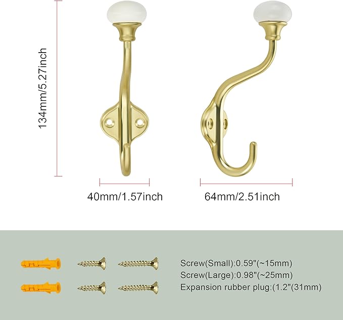 TUNNY Coat Hooks - 5 Pack Brushed Gold Towel Hooks Robe Hooks Decorative Wall Hooks for Bathroom Bedroom Kitchen Towel Robe Clothes Cabinet Closet Bathroom Hardware