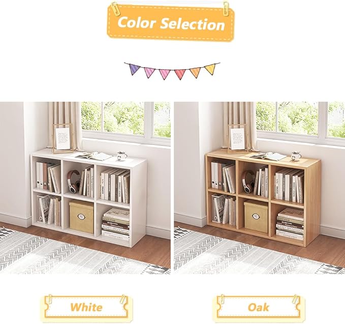 NELYE 6 Cube Organizer Bookcase - Fabric Storage Bins Container, Open Shelf Simple Compartments Bookshelf, White