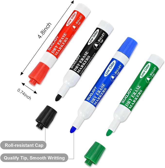 SUQJOY Dry Erase Markers, BulletTip Whiteboard Markers, Low Odor Thick Dry Markers, 36 Bulk 4 Assorted Color Marker for Whiteboard, Classroom, Office & Home(36 Count 4 Colors)