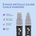 TFIVE Metallic Silver Liquid Chalk Markers - 2 Pack Jumbo Chalk Pens with 10mm 3 in 1 Nib Wide Tips, Dry & Wet Erase Marker Pens for Glass, Chalkboard, BlackBoard, Windows, Calendar, Pumpkin, Mirror