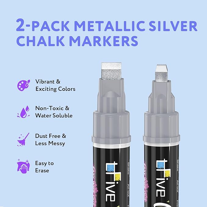 TFIVE Metallic Silver Liquid Chalk Markers - 2 Pack Jumbo Chalk Pens with 10mm 3 in 1 Nib Wide Tips, Dry & Wet Erase Marker Pens for Glass, Chalkboard, BlackBoard, Windows, Calendar, Pumpkin, Mirror