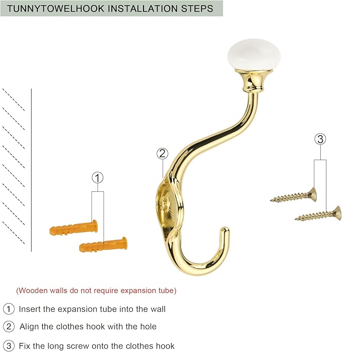 TUNNY Coat Hooks - 5 Pack Polished Gold Towel Hooks Robe Hooks Decorative Wall Hooks for Bathroom Bedroom Kitchen Towel Robe Clothes Cabinet Closet Bathroom Hardware
