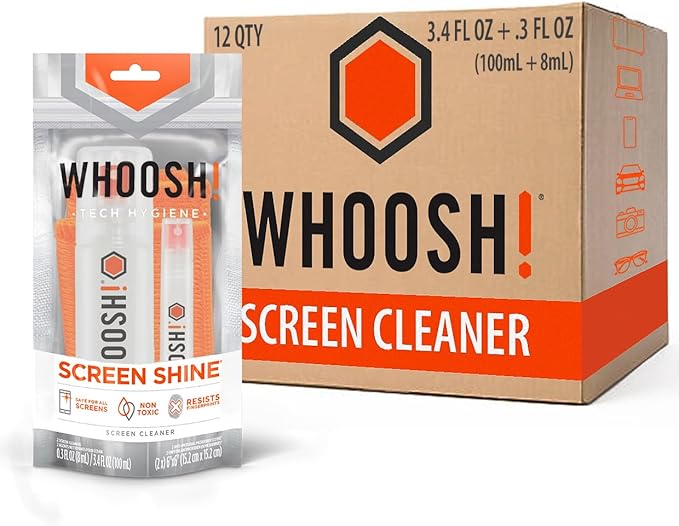 WHOOSH! Laptop Screen Cleaner Spray and Wipe [Set of 12] - 3.4 + 0.3 fl oz + 2 Microfiber Cloths - Duo with Large & Travel Size Bottles for Eyeglass Cleaner & Car Screen Cleaner- iPhone Cleaning Kit