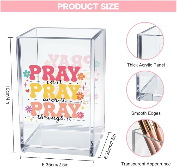 Vgrti Pray on it Pray through it Acrylic Cosmetic Pencil Pen Holder Cup, Bible Verse Pen Holder Cup, Women Faith Gifts, Christian Gifts for Women Mom Daughter Sister Friend Colleague Boss Teacher