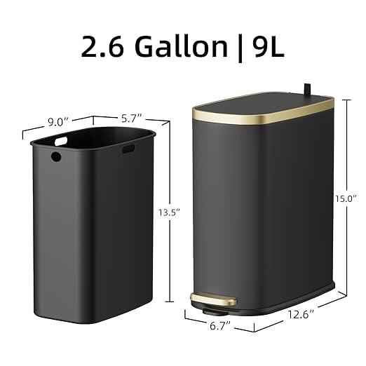 KUK Small Bathroom Trash Can with Lid Soft Close, Step Pedal, 2.6 Gal Stainless Steel Garbage Can with Removable Inner Bucket, Anti-Fingerprint Wastebasket for Office, Bedroom, Toilet (Black)