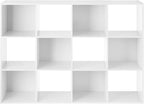 Whitmor 12 Cube Storage Organizer, 4 Tier Stackable Mdf Wood Bookcase, Open Storage Display Bookshelf, Storage Cabinet for Living Room, Bedroom, Home, Office, 35.1"L x 11.6"W x 47.5"H, White