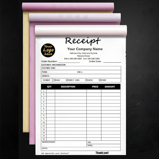 Custom Carbonless Sales Invoice Form Books for Small Business, Personalized NCR 2-Part Receipt Book with Carbon Copies, Cover Add Company Name, Address and Number Printed
