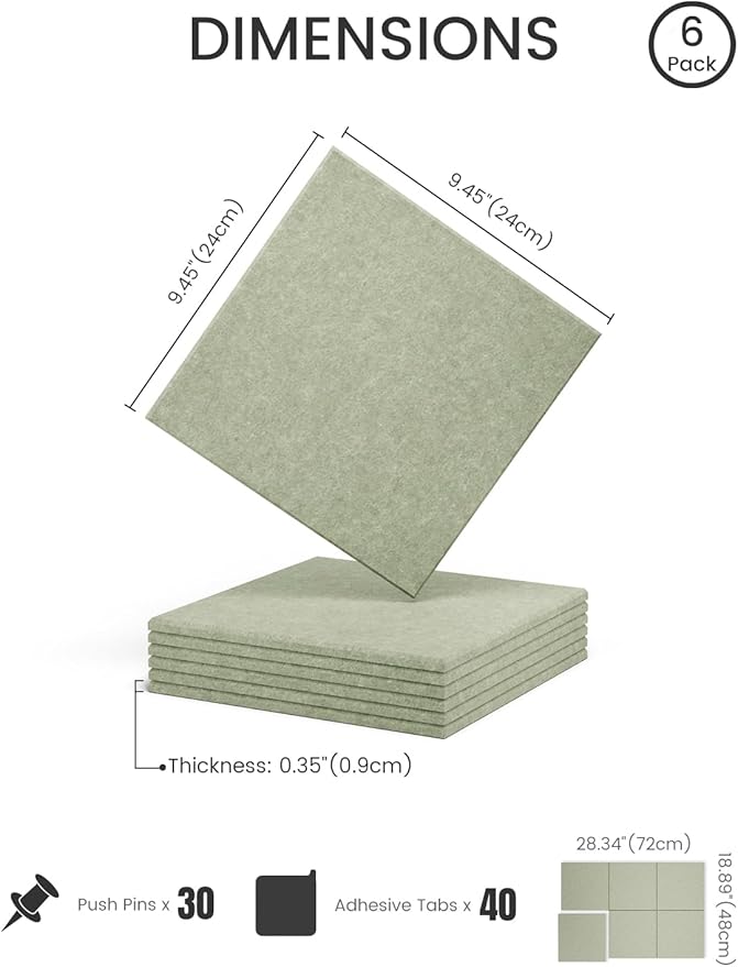 Fluxynara Felt Bulletin Board Tiles -28"x18" Cork Board Alternative for Office Decor, Push Pin Board Wall Organizer 6-Pack - Sage