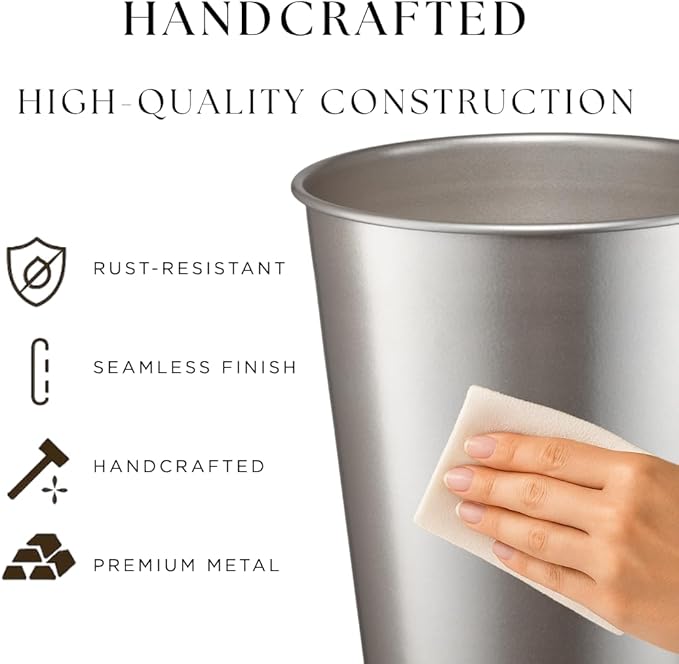 Monarch Abode Metal Bathroom Trash Can – Waste Basket for Bedroom, Office Desk, & Dorm, Handcrafted, Durable Decorative Pewter Small Trash Can Bathroom Garbage Bin Wastebasket