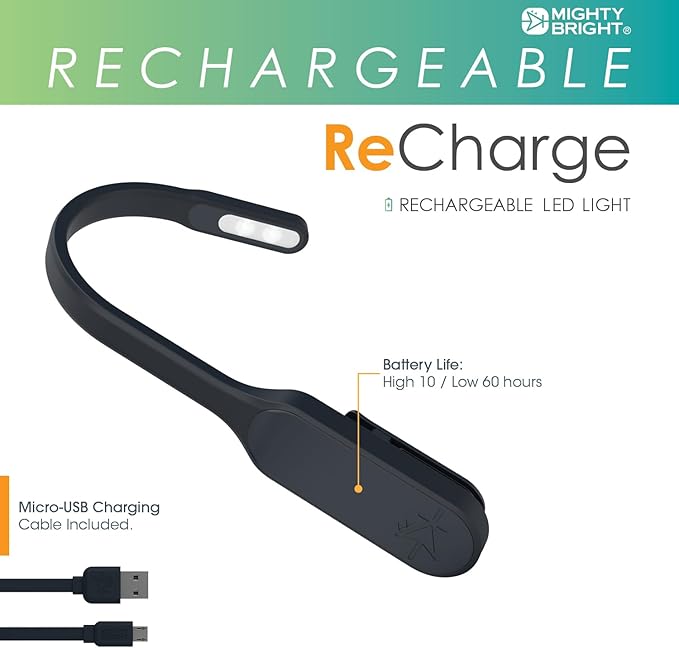 The Original Mighty Bright Recharge Clip On Rechargeable Book Light Reading Light, Warm Eye Care LEDs, Flexible, Durable, Dimmable, Perfect for Kids, Bookworms, Reading in Bed, Lasts 60 Hours (Black)