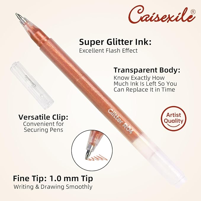 CAISEXILE 12 Skin Tone Glitter Gel Pens Set, 1.0 mm Fine Point for Black Paper & White Paper, Large Capacity Pens for Journaling, Adult Coloring Books, Drawing, Note Taking, Highlighting