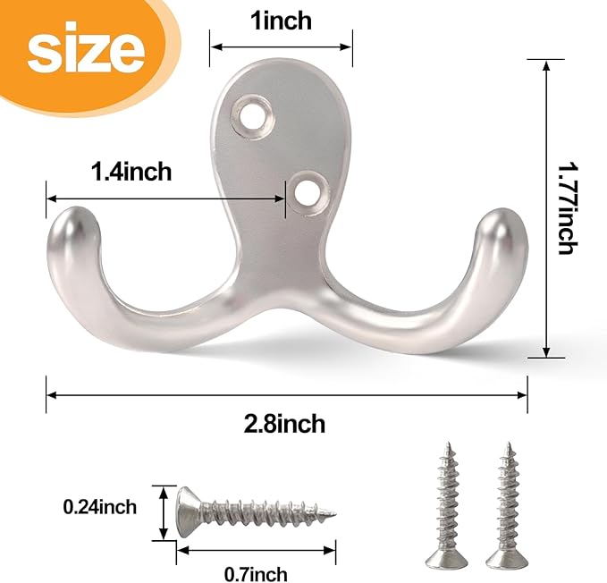 CBWLWJ 10 Pack Coat Hooks Wall Hooks for Hanging, Heavy Duty Double Prong Metal Hook Wall Mounted for Living Room, Bathroom, Kitchen, Bedroom for Coat, Bag, Scarf, Towel, Hat, Key, Cup (Silver)