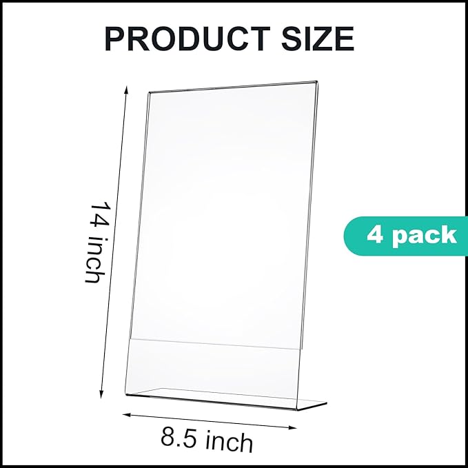 Wenqik 4 Packs 8. 5" x 14" Sign Holders Vertical l Shape Frame Acrylic Document Holder Side Loading Clear Flyer Holder Slanted Desk Paper Display Stand Graphic Poster Shelf for Restaurants Office