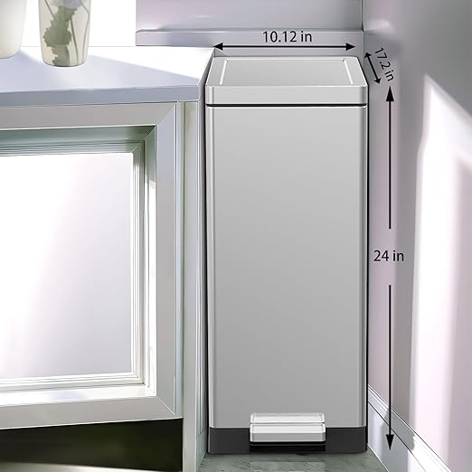 SIMPLYKLEEN Trash Can with Lid - 45 Liter/12 Gallon Slim Stainless Steel Trash Can Odor Protection Kitchen Garbage Cans with Soft-Close Foot Pedal Anti-Fingerprint for Bathroom Home Office Rectangle