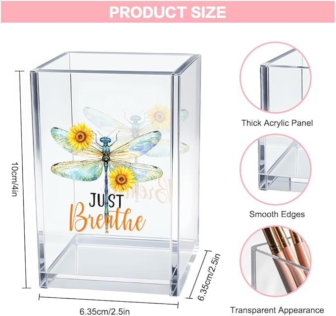 Vgrti Just Breathe Acrylic Cosmetic Pencil Pen Holder Cup, Inspirational Dragonfly Desk Organizer Accessories for Home Office Decor, Motivational Encouragement Gifts for Women Girl Coworker Teacher