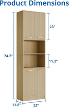 Cozy Castle Kitchen Pantry Cabinet, 75" Tall Wood Storage Cabinet with Doors and Shelves, 4 Doors Open Countertop Utility Hutch Cupboard for Dining Room Living Room Bathroom Furniture, Oak