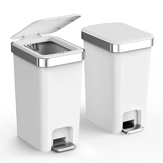 accep 2 Pack Bathroom Garbage Can with Lid, 2.6 Gallon /10 Liter Small Trash can, Press Top Bin & Step Metal Pedal Trash Bin, Mini Waste Basket for Bedroom, Home Office, Toilet, Dorm (Grayish-White)
