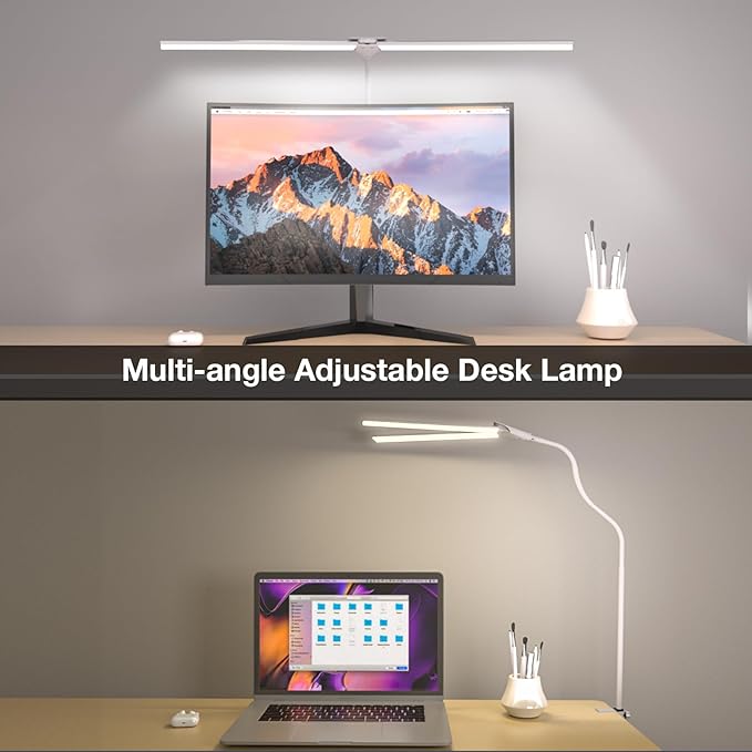 Hensam LED Desk Lamp with Clamp, Double Head Desk Light for Home Office, Dimmable Desktop Light, 12W 1400lm Eye-Caring Architect Table Lamp for Workbench Monitor Computer Reading Study, White