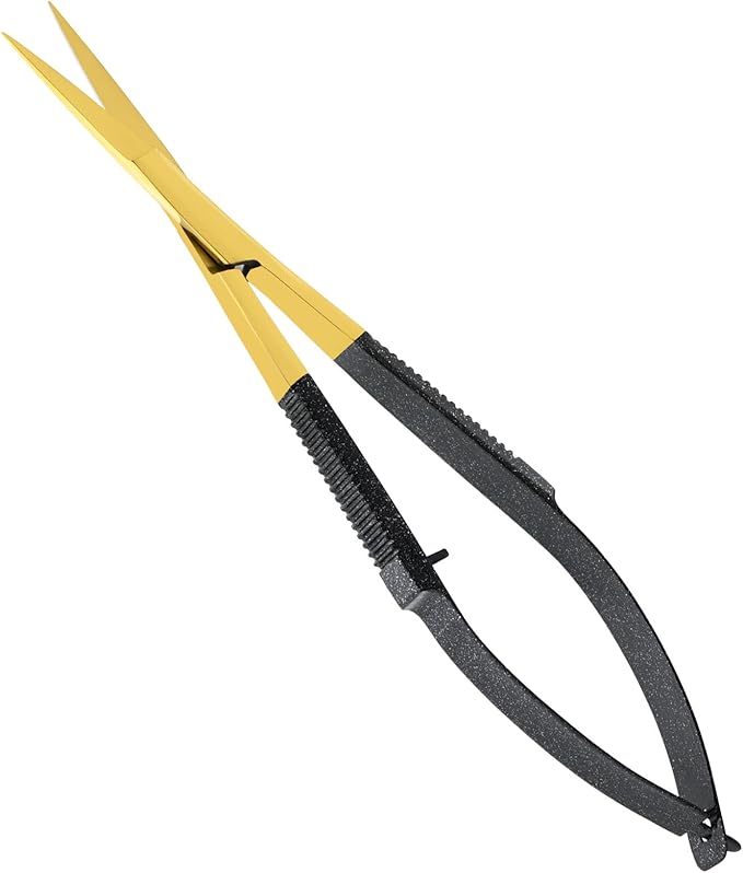 Cross Edge Spring Scissors 5 Inch straight Stainless-Steel Precision Eyebrow & Eyelash Shaping Trimming Scissor, Best for Squeeze Scissors, Embroidery & Knitting Micro Tip Craft (Gold Glitter Black)