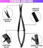 Cross Edge Curved Spring Scissors 5 Inch Stainless Steel Precision Eyebrow & Eyelash Shaping & Trimming Scissor, Snips Squeeze, Embroidery, Knitting Micro Tip Craft Scissors (Black)