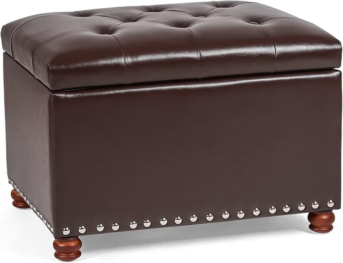 Decent Home Leather Storage Ottoman Bench Foot Rest Stool with Nailhead Trim (Dark Brown - Button Tufted Leather)