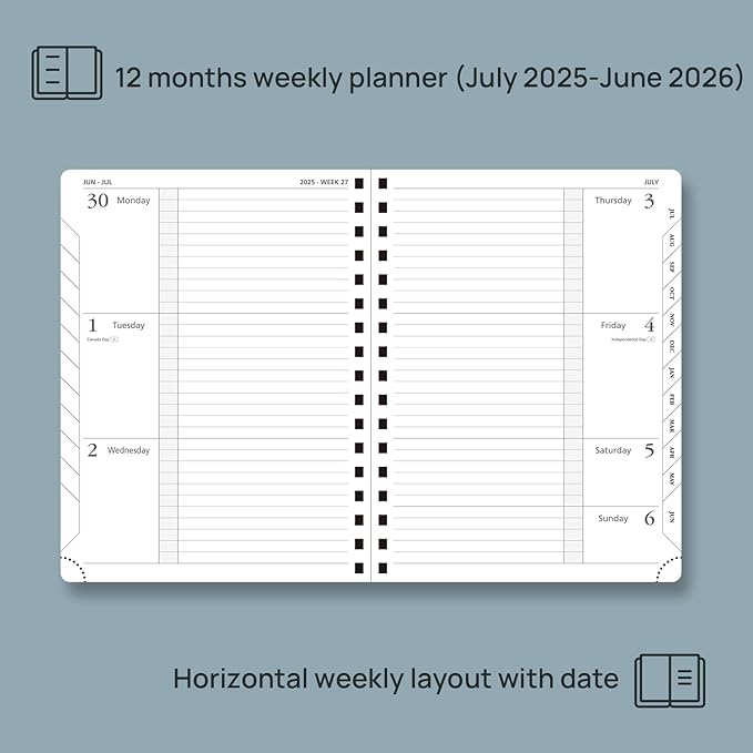POPRUN Planner 2025-2026, Horizontal Weekly Notebook Jul.25-Jun.26 (Medium 6.75''x 8.75''), Academic Calendar Book with Monthly Tabs, Spiral Soft Cover, Inner Pocket, 100 GSM - Navy Blue