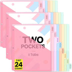 Sooez 24 Count Dividers with 2 Pockets, 8 Tabs Binder Dividers for 3 Ring Binders, Binder Dividers with tabs, Binder Divider with Pockets for US Letter Size, Insertable Big Tabs, Pastels, Set of 3