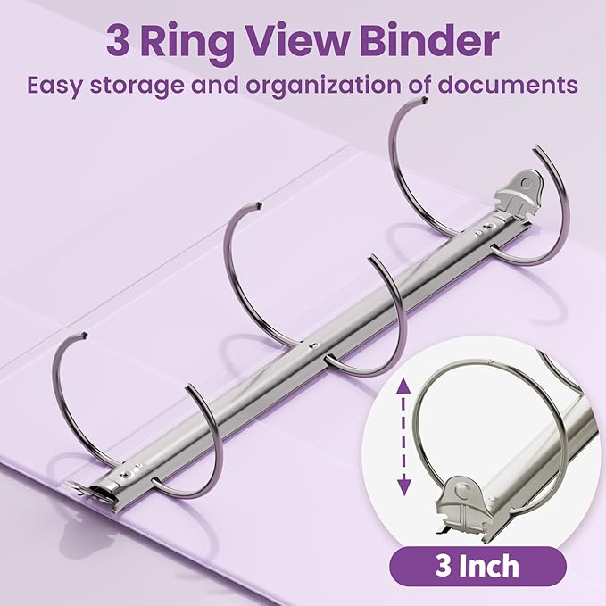 SUNEE 3 Ring Binder 3 Inch 1 Pack, Clear View Binder Three Ring PVC-Free (Fit 8.5x11 Inches) for School or Office Supplies, Purple