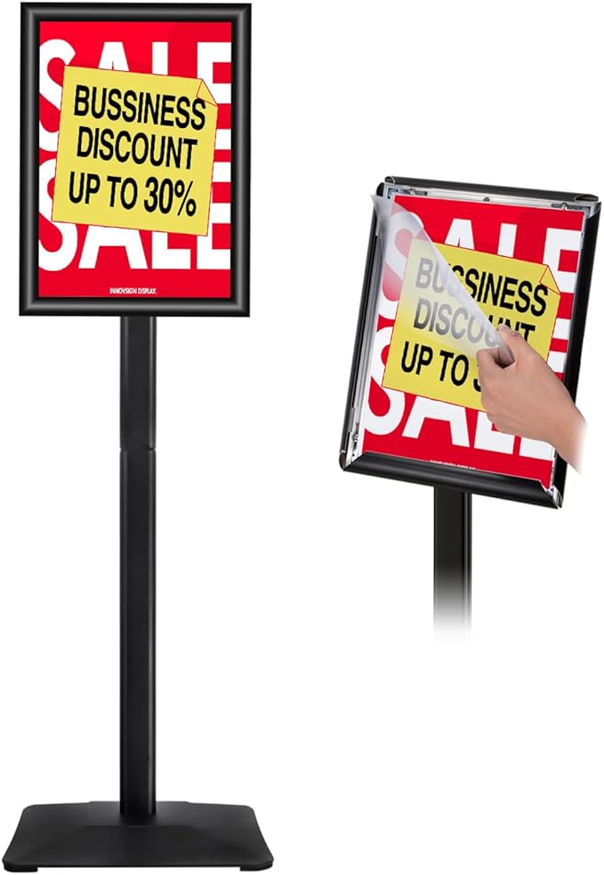 INNOVSIGN Heavy Duty Adjustable Pedestal Poster Sign Stand, 11x17 Aluminum Open Floor Standing Sign Holder for Vertical and Horizontal View Display, Black