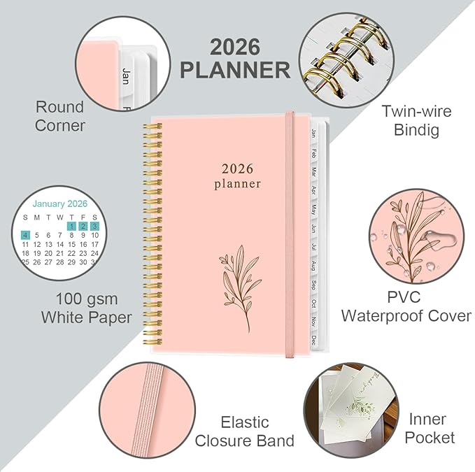 2026 Planner - Planner 2026 from January 2026 to December 2026, Weekly & Monthly Planners Spiral Bound with 12 Monthly Tabs, Inner Pocket, 6.4" x 8.5", Pink