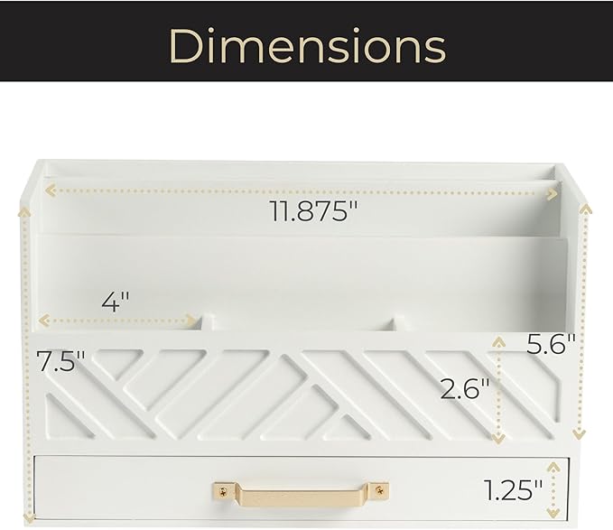 BLU MONACO White Wooden Mail Organizer With Drawer and Gold Handle | Desktop Storage for Home Office and Classroom | Multi-Section Letter Sorter | 4.6”D x 12.4”W x 7.5”H Tabletop Accessory Holder
