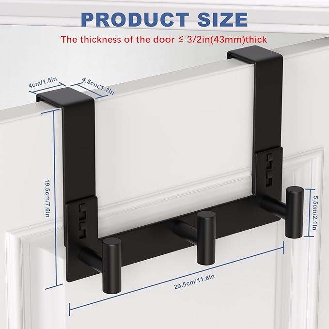 PMMASTO Over The Door Hooks, Fits 1-3/4" Thick Door No Drill Hooks for Closet Bathroom Bedroom Organization, Hanger for Coat Towel Robe (Black, 3 T-Hooks)