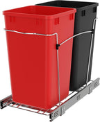 Rev-A-Shelf Pullout Trash Can for Kitchen Cabinets 27 Qt Garbage Recycling Bin with Full Extension Slides, Red/Black, RV-15KD-1618C-S