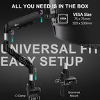 WALI Heavy Duty Single Monitor Arm for 17-49 Inch Flat Curved Ultrawide Screens, up to 33 Lbs, Adjustable Gas Spring Single Monitor Desk Mount for Home Office Gaming, VESA 75/100mm (GSM001XLN), Black