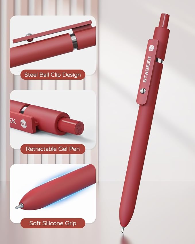 STAGEEK Red Gel Pens, 6Pcs Quick Dry Red Ink Pens with 3 Extra Refills, Fine Point Retractable Smooth Writing Pens for Journaling, Note Taking, School Supplies, Nurse Aesthetic, Office(Red)