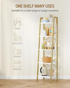 Hzuaneri Ladder Shelf, Bookshelf Bookcase, Freestanding Corner Storage Shelve with 2 Hooks for Home Office, Living Room, Kitchen, Bedroom, Industrial, 11.8" D x 17.3" W x 63" H, White Gold BC19213G