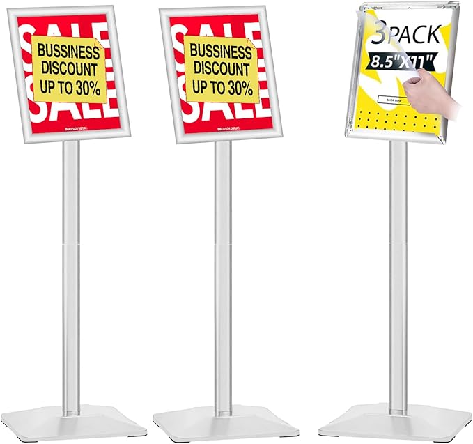 INNOVSIGN 3Packs Heavy Duty Adjustable Pedestal Poster Sign Stand, 8.5x11 Aluminum Open Floor Standing Sign Holder for Vertical and Horizontal View Display (8.5x11,Silver)