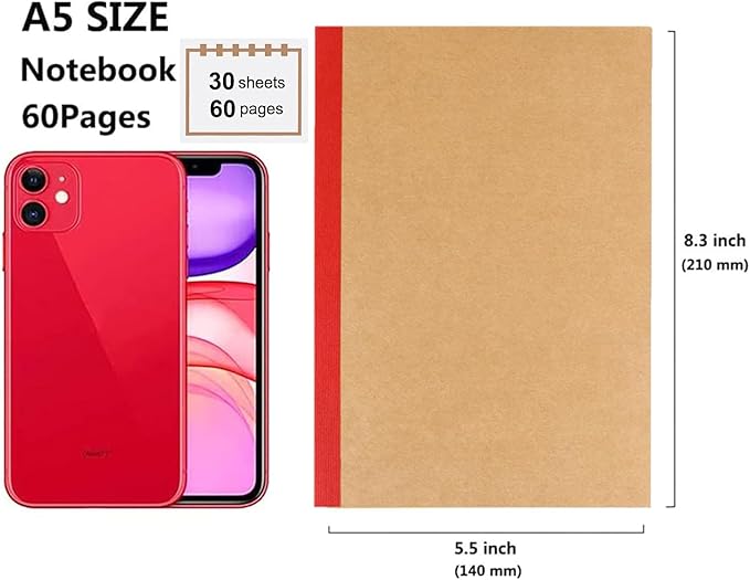 12 Pack A5 Notebooks Bulk, Kraft Cover Lined Blank College Ruled Travel Journals with 12 Colors Rainbow Spines For Women Students, 60 Pages, 8.3”x 5.5”, for Home, Office or School Supplies