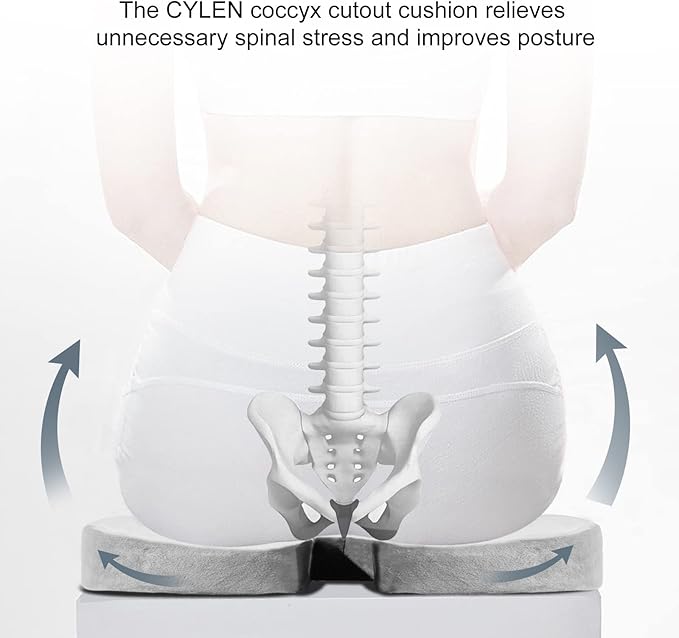 CYLEN Home Office Seat Cushion - Comfort Memory Foam Chair Cushion with Cooling Gel Infused for Tailbone, Coccyx, Back & Sciatica Pain Relief (Grey)