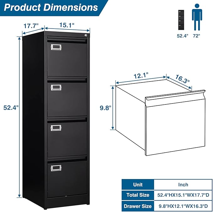 PEUKC 4 Drawer File Cabinet, Vertical Filing Cabinets with Lock, Metal File Cabinets for Home Office, Anti-Tip 4 Storage Drawers for Letter/Legal/A4/F4 Size (Assemble Required, Black)