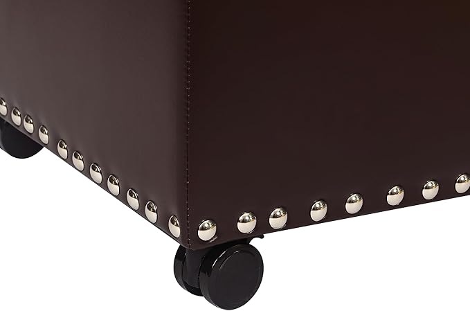 Decent Home Leather Storage Ottoman Bench with Steerable Rolling Wheels, Rectangle 24 Inch Foot Rest Ottomans Stool for Living Room Bedroom (Vintage Brown)
