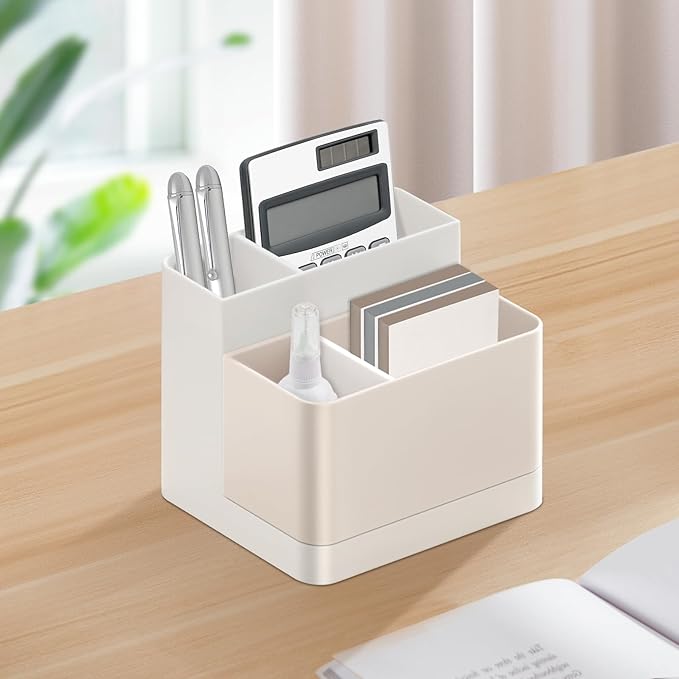 Poeland Desktop Storage Organizer Pencil Card Holder Box Container for Desk, Office Supplies, Vanity Table Tan