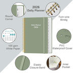 Daily Planner 2026 Full Page Per Day- 2026 Daily & Monthly Planner from January 2026 to December 2026, Day Planner 2026 with 12 Months Tabs, 6.4" x 8,5", Green