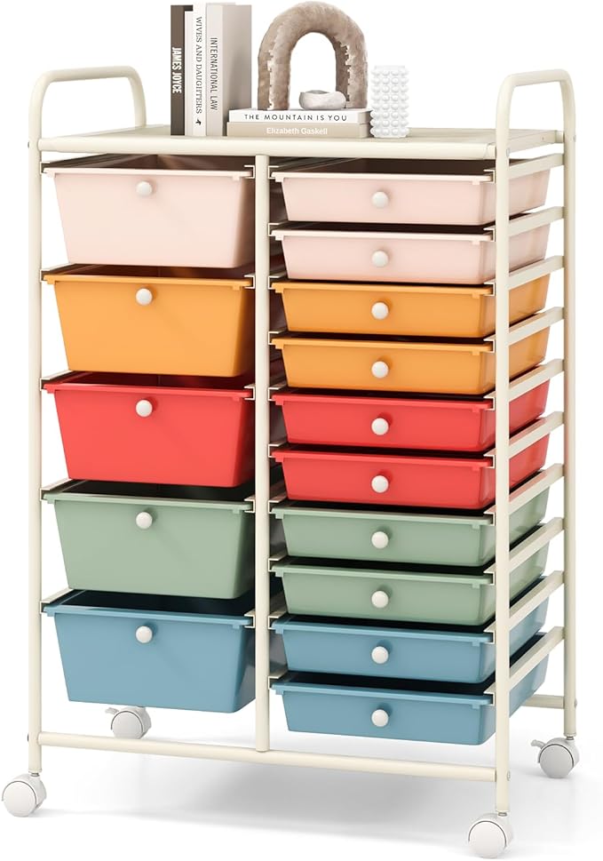 COSTWAY 15 Drawers Storage Cart, Multipurpose Rolling Utility Cart on Wheels w/Lockable Wheels & Removable Drawers, Mobile Tools Scrapbook Paper Organizer Cart for Office School Home, Macaron